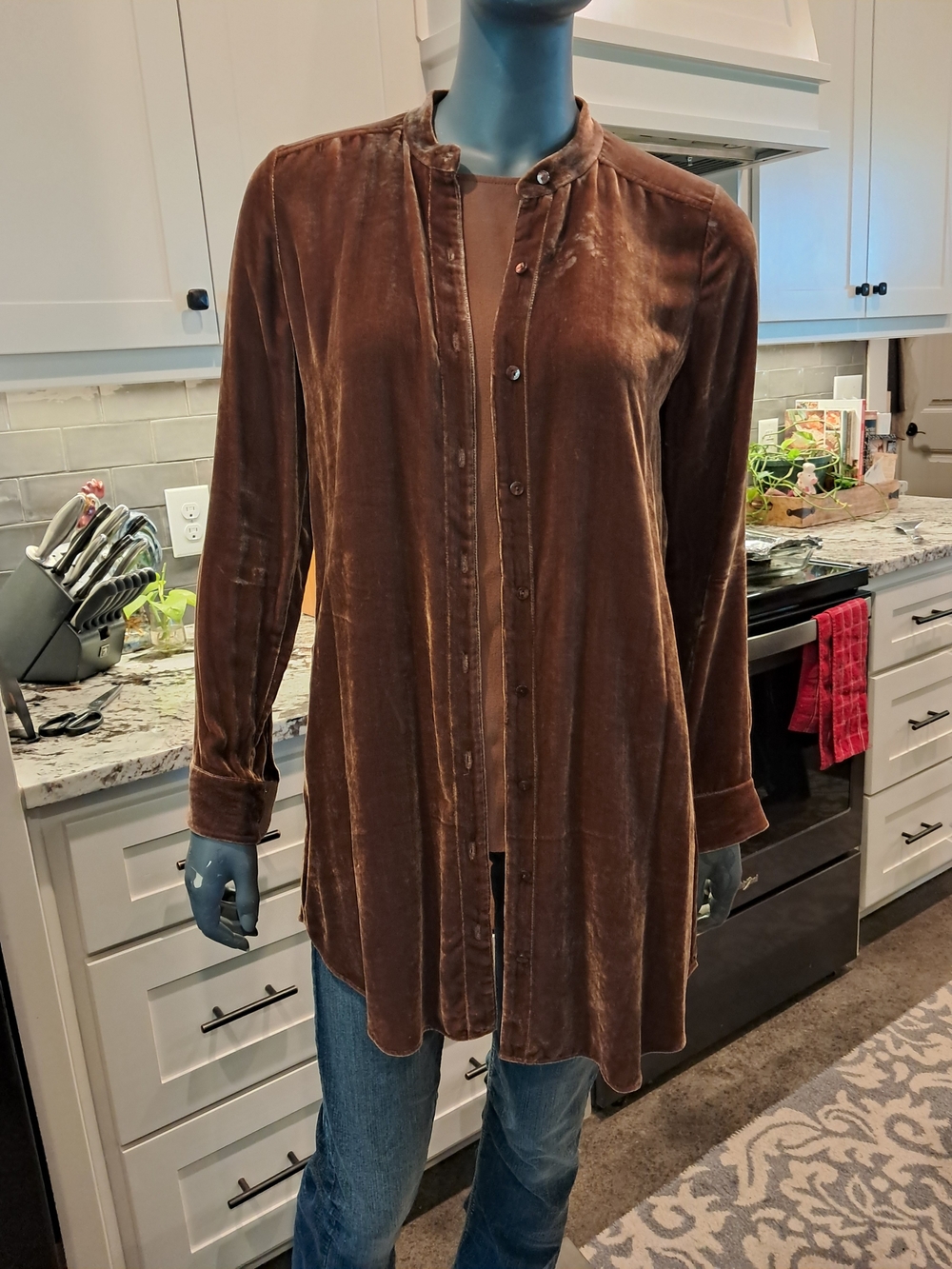 Eileen Fisher Brown Velvet Longline Button-Down Shirt